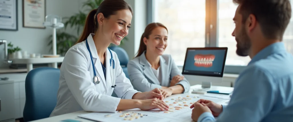 patient discutant avec deux dentistes patient discutant avec deux dentistes