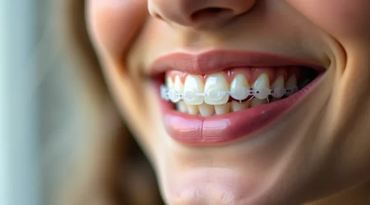 Photographie réaliste d'un sourire avec aligneurs transparents Invisalign, mettant en avant la discrétion et l'efficacité du traitement dentaire