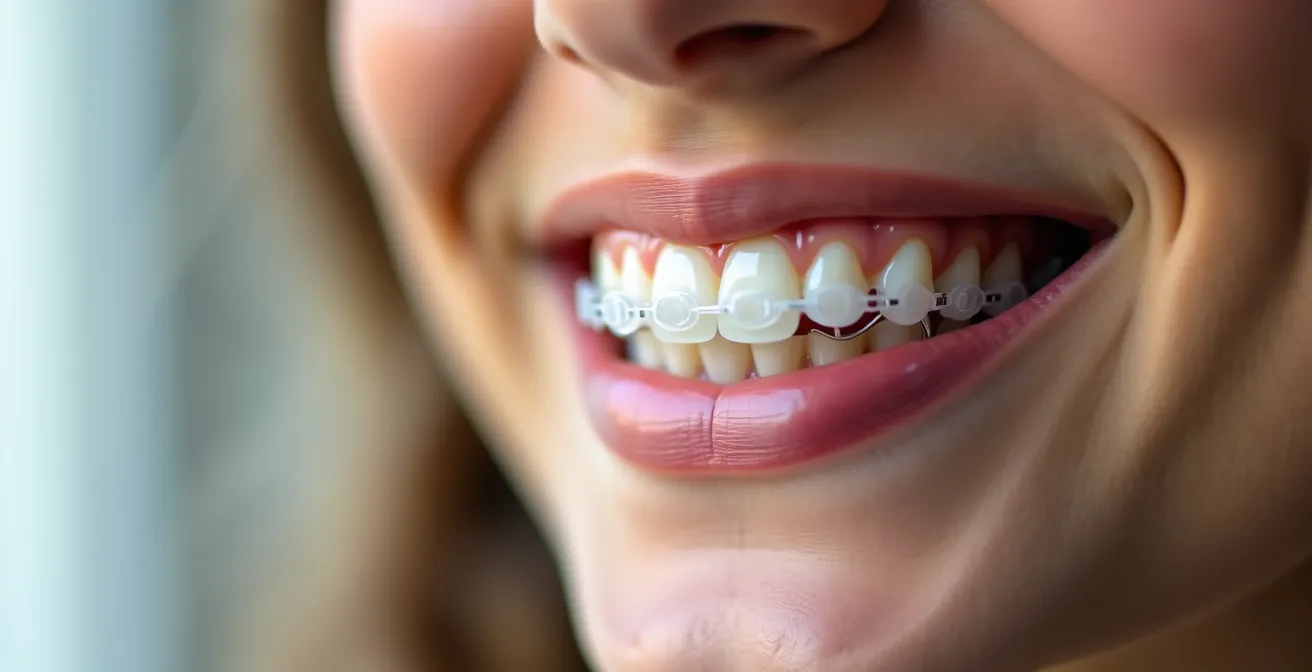 Photographie réaliste d'un sourire avec aligneurs transparents Invisalign, mettant en avant la discrétion et l'efficacité du traitement dentaire