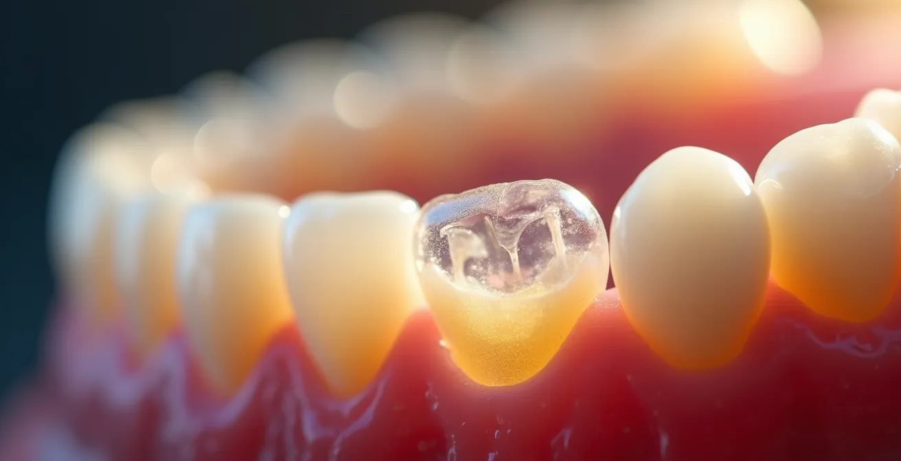 Gros plan photographique réaliste sur l'application des aligneurs Invisalign sur une dentition montrant texture et détails précis