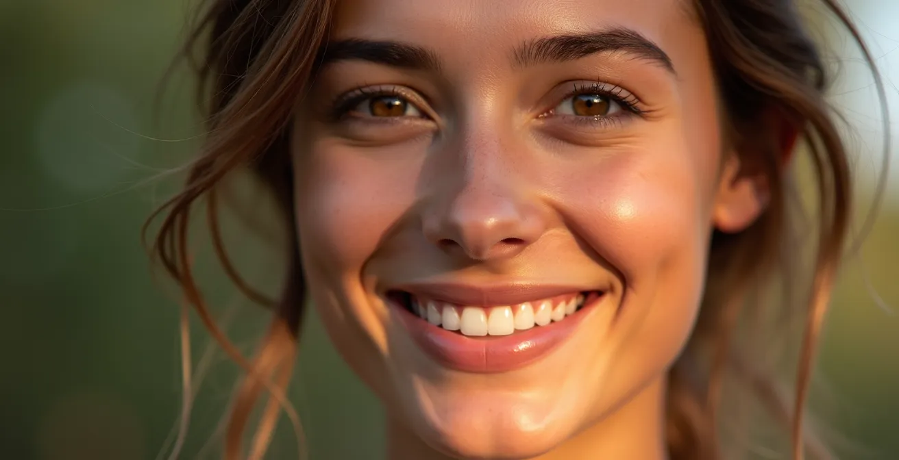 Portrait photo réaliste d’un patient souriant avec aligneurs transparents Invisalign, lumière naturelle et ambiance chaleureuse