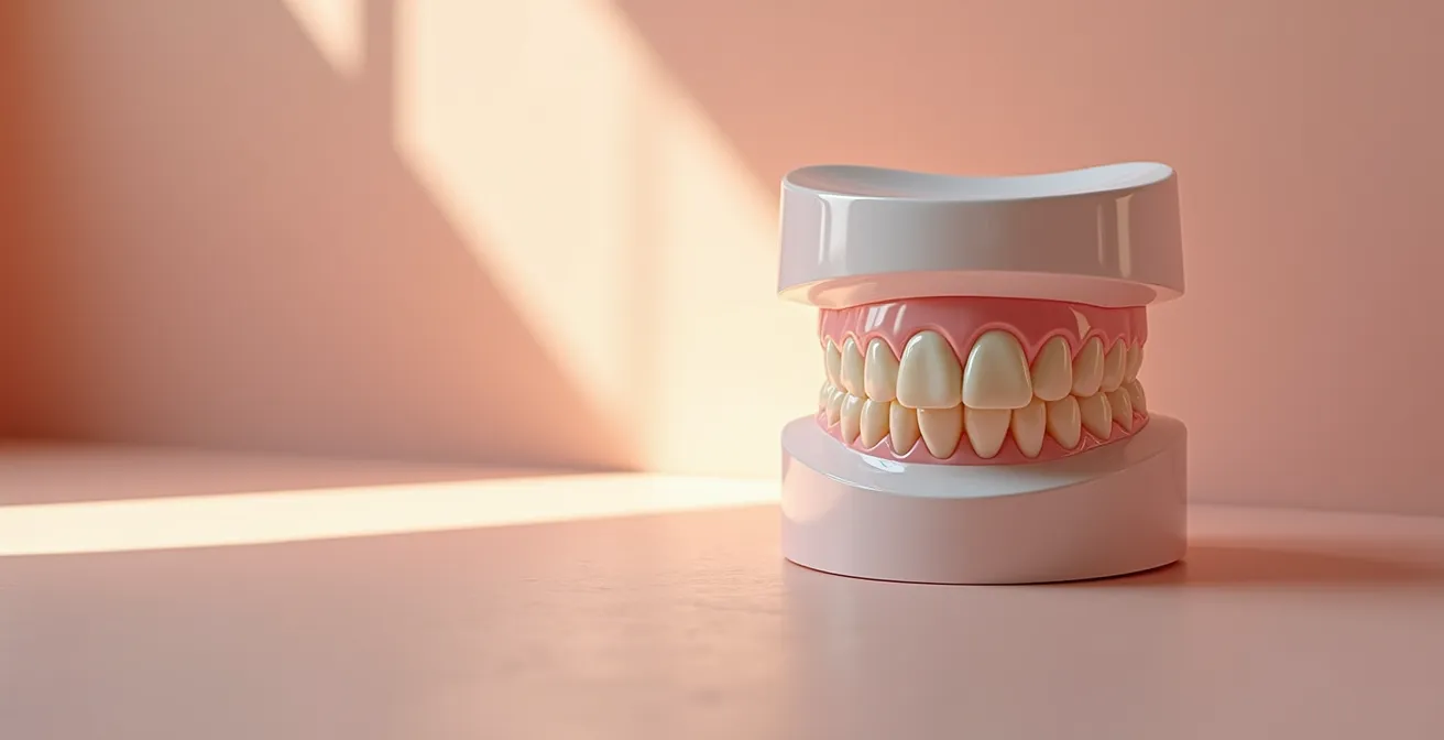 Image conceptuelle réaliste montrant une simulation 3D de planification du sourire Invisalign sur un fond neutre et épuré