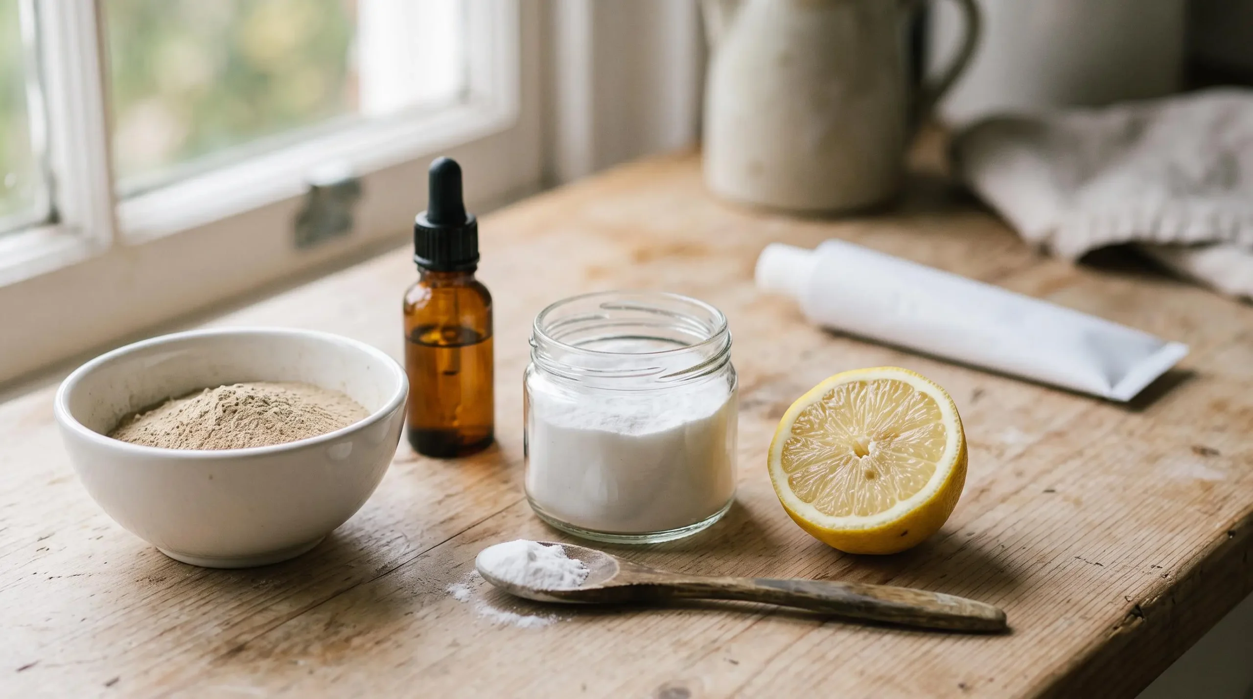 Gros plan sur des ingrédients naturels pour l'hygiène bucco-dentaire : bicarbonate de soude dans un bocal en verre, argile en poudre, huile essentielle et demi-citron sur un plan en bois.