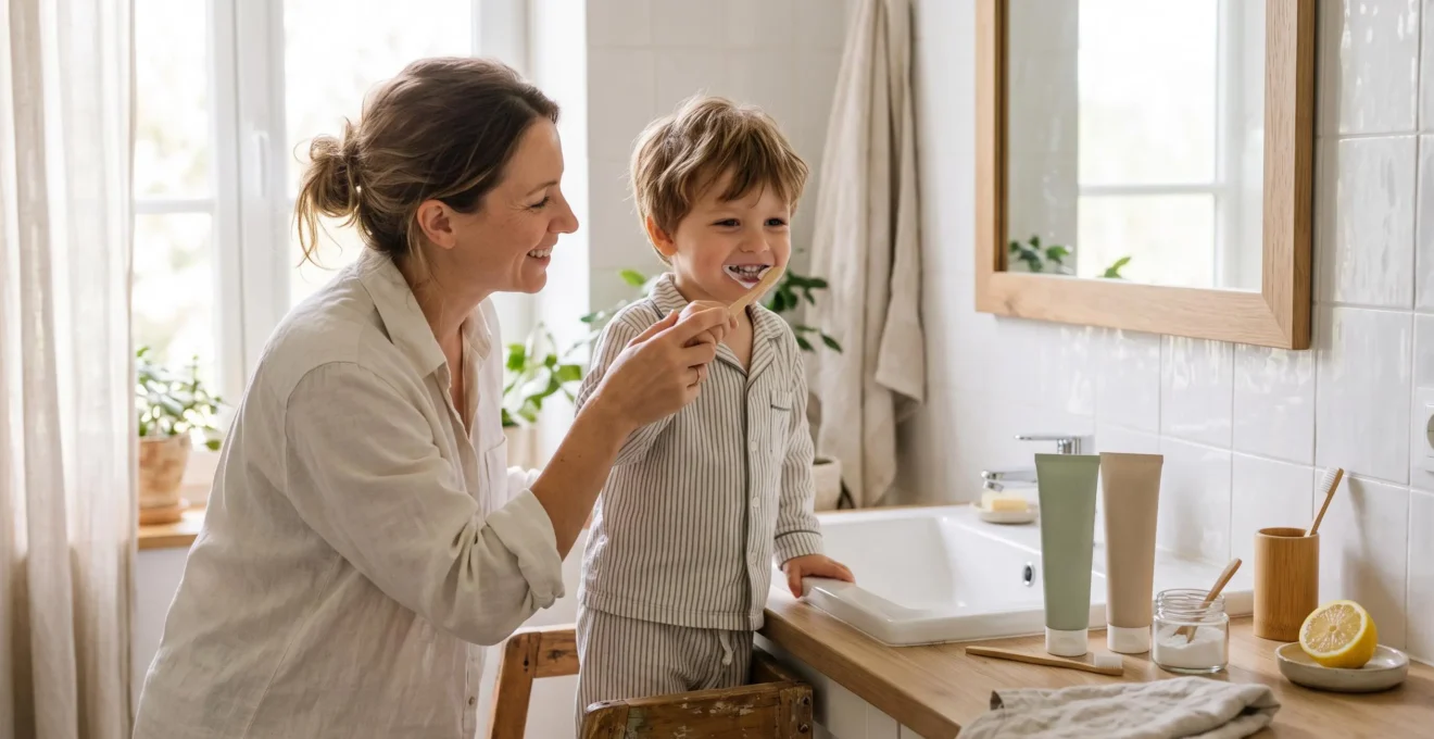 Une mère aide son jeune enfant à se brosser les dents avec un dentifrice naturel dans une salle de bain familiale lumineuse, des produits naturels posés sur le plan de vasque.