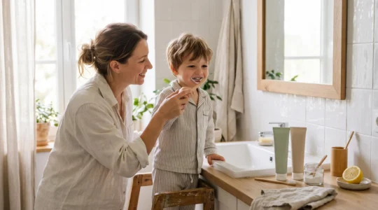 Une mère aide son jeune enfant à se brosser les dents avec un dentifrice naturel dans une salle de bain familiale lumineuse, des produits naturels posés sur le plan de vasque.