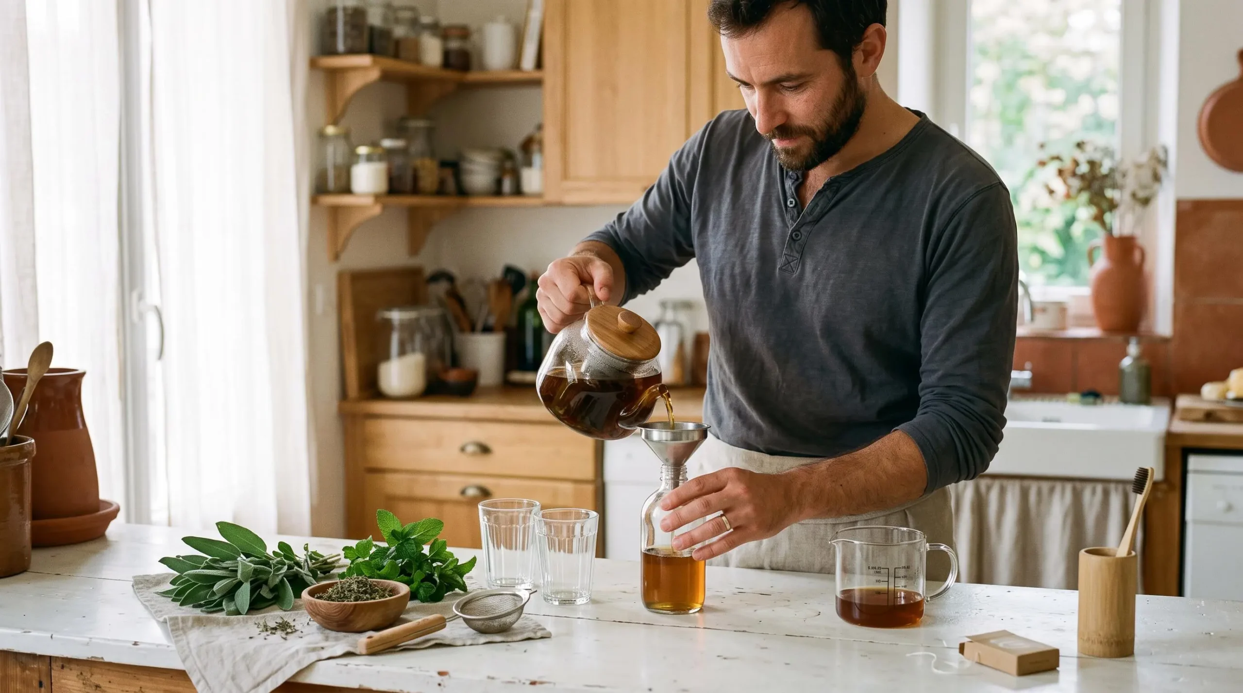 Un homme prépare un bain de bouche naturel à base de plantes dans sa cuisine, en versant une infusion dans un petit flacon en verre entouré de sauge, menthe et thym.